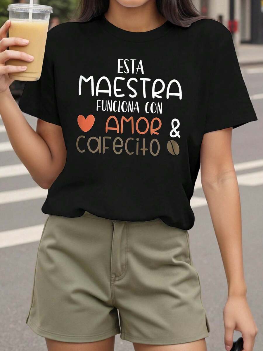 Women's Tops, Women's T-Shirts, Mother's Day, Casual Blouses For Ladies, Women's Tops, 2000s Style, "Spanish Teacher Loves Coffee" Graphic Print T-Shirt For Women, Casual Short Sleeve Crew Neck T-Shirt For Spring-Summer, Daily Leisure, Holiday Gift. - 黑色 - 查看 1