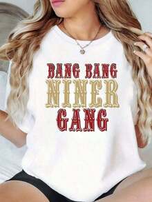 1 Piece Women's Casual T-Shirt Bang Bang Niner Gang 100% Cotton, Vintage Style With Digital Print, Short Sleeve, Loose Fit, Summer Top 180g 100% Cotton, All Patterns Are Printed. Unisex. 180g 100% Cotton - 白色 - 查看 1