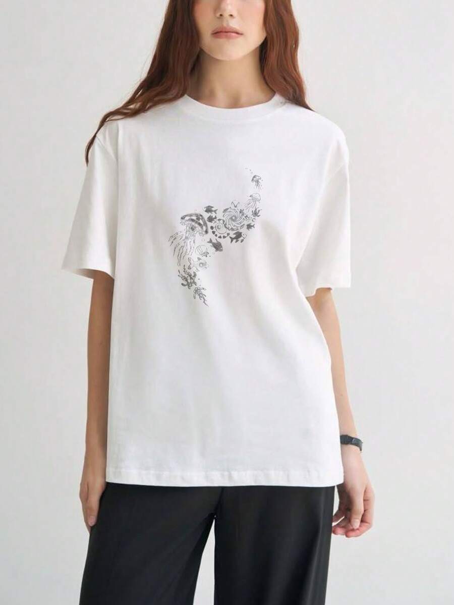 Women's Premium Casual Floral Print T-Shirt, Summer Clothing, Gift For Women, - 白色 - 查看 1