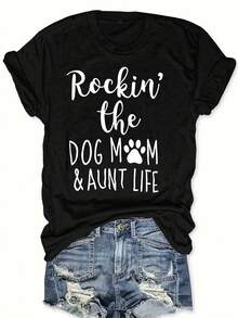 Women's T-Shirt "Mom And Aunt With Dogs" - Casual Short Sleeve Crew Neck Top With "Mom And Aunt With Dogs" Print, Spring Summer Blouse Suitable Gift For Dog Lovers, Casual Outfit For Moms And Aunties - [] - 查看 1