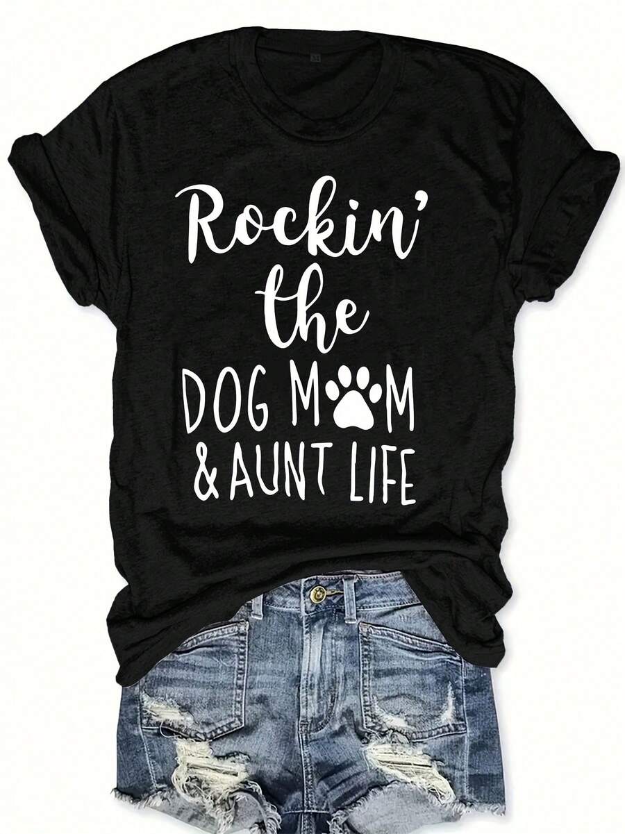 Women's T-Shirt "Mom And Aunt With Dogs" - Casual Short Sleeve Crew Neck Top With "Mom And Aunt With Dogs" Print, Spring Summer Blouse Suitable Gift For Dog Lovers, Casual Outfit For Moms And Aunties - [] - 查看 1