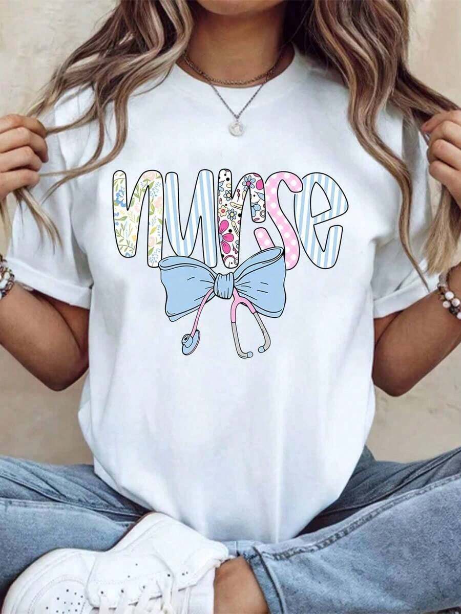 Women's Cotton T-Shirts, Nurse T-Shirt With Floral And Striped Design, Bow And Stethoscope, Gift For Nurses, Health Workers, Medical Professionals, For Nurse's Day Or Career Celebration, Basic Women's Blouses. - 白色 - 查看 1