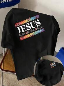 New Men's T-Shirt, 180g Weight, % Cotton, With Prints Of Jesus And John 14:6 On The Front And Back, A Modern Short-Sleeved T-Shirt, Suitable For Casual Daily Wear And Outdoor Fitness Activities, With A Unique Double-Sided Pattern Design - To Be Layered In Spring And Autumn Or Worn Alone In Summer, Unisex Style. - 黑色 - 查看 6