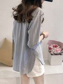 Women's Striped Round Neck Blouses For Petite Women, New Korean Style Three-Quarter Sleeve Shirt For Summer, Loose Casual Shirt. - 灰色 - 查看 3