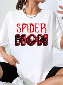 Spider Mom Women's Plus Size White T-Shirt With Spiderweb And Flower Graphic Design, Casual Summer Style, Ideal As A Mother's Day Gift - 白色 - 查看 7