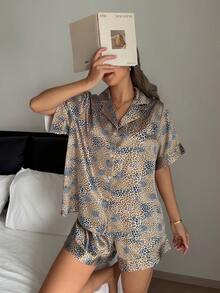 2pcs/Set Summer Leopard Print Women's Short Sleeve Top And Shorts Pajama Set - Gold - View 3