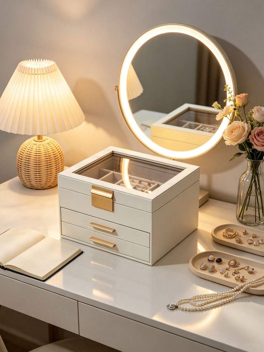 1pc Large Capacity Multi-Layer Jewelry Box With Transparent Skylight, Open Window Style Jewelry Organizer Box, Anti-Oxidation For Rings, Earrings, Necklaces, Cream Color, Ins Style, Jewelry Storage Holder For Dresser, Tabletop, Gift For Girlfriend, Best Friend, Birthday, Travel, Portable Jewelry Organizer, Velvet Lining, Anti-Scratch