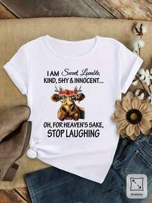 Plus Size Women's Thanksgiving Set With Cow Wreath Pattern And Glasses, Beautiful Fashionable Elegant Party Top, Loose Fit, Gift, Soft, Machine Washable, Stretchy, Sporty, Crew Neck, Short Sleeve - 白色 - 查看 1