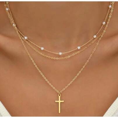 Cross Layered Necklace For Women Dainty Faux Pearl Cross Pendant Three Layers Gold Necklace Summer Hypoallergenic Minimalist Crucifix Pendant Choker Chain Lightweight Ornament Gift For Mom Daughter
