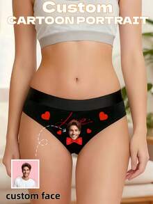 Calcinha Personalizada Tipo Tanga com Foto em Formato de Coração, Uso Diário Sexy, Presente do Dia das Mães para Ela - Preto - Visão 1