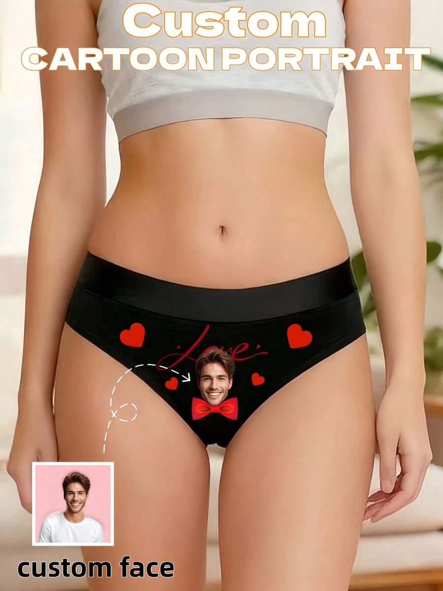 Calcinha Personalizada Tipo Tanga com Foto em Formato de Coração, Uso Diário Sexy, Presente do Dia das Mães para Ela - Preto - Visão 1