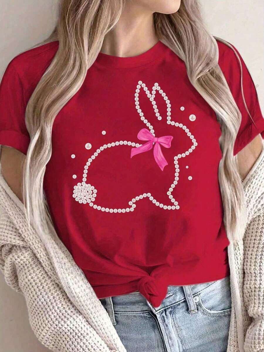 Women's Casual Summer T-Shirt With A Round Neck, Fitted Silhouette, And Short Sleeves, Featuring An Oil Painting Print With Floral, Heart, Cherry, And Lettering Designs. Simple, Casual Fabric With A Sporty Style, Perfect For Everyday Wear And A Valentine's Day Date. - YH1782-紅色 - 查看 1