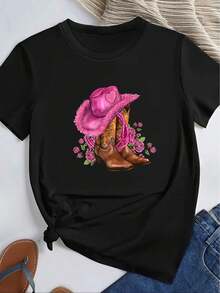 Blusa de vaquera de manga corta con estampado de botas y sombrero de vaquero para mujeres - Cuello redondo, atuendos de primavera y verano, ropa casual de estilo occidental, lavable a máquina para rodeo y fiestas temáticas - Negro - Ver 3