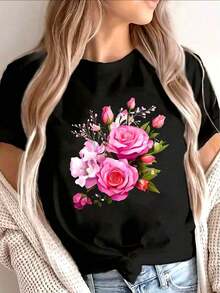 This High-Quality, Heavyweight Short-Sleeved T-Shirt, Featuring A Pink Rose Floral Design, Is Perfect For Lounging At Home, Going To Cafes, Or Enjoying Outdoor Activities, Offering Comfortable Everyday Wear. A Must-Have Gift Idea. - 黑色 - 查看 1