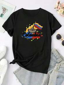 Minimalist Sports T-Shirt With Colombian Independence Day Graphic, Round Neck, Short Sleeve, Essential Sportswear For Women, 100% Cotton - 黑色 - 查看 4
