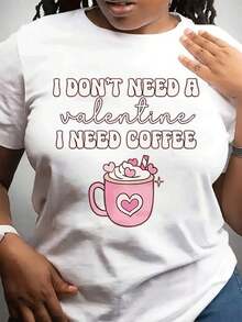 Soft 100% Cotton Women's T-Shirt For Valentine's Day. This Stylish And Casual Crew Neck T-Shirt With Short Sleeves Is Perfect For Everyday Wear, Sports, And Sports. Its Unique Coffee Print Makes It A Great Gift For Friends And Family. This Breathable Cotton T-Shirt Is Versatile And Easy To Pair With Anything. - 白色 - 查看 1
