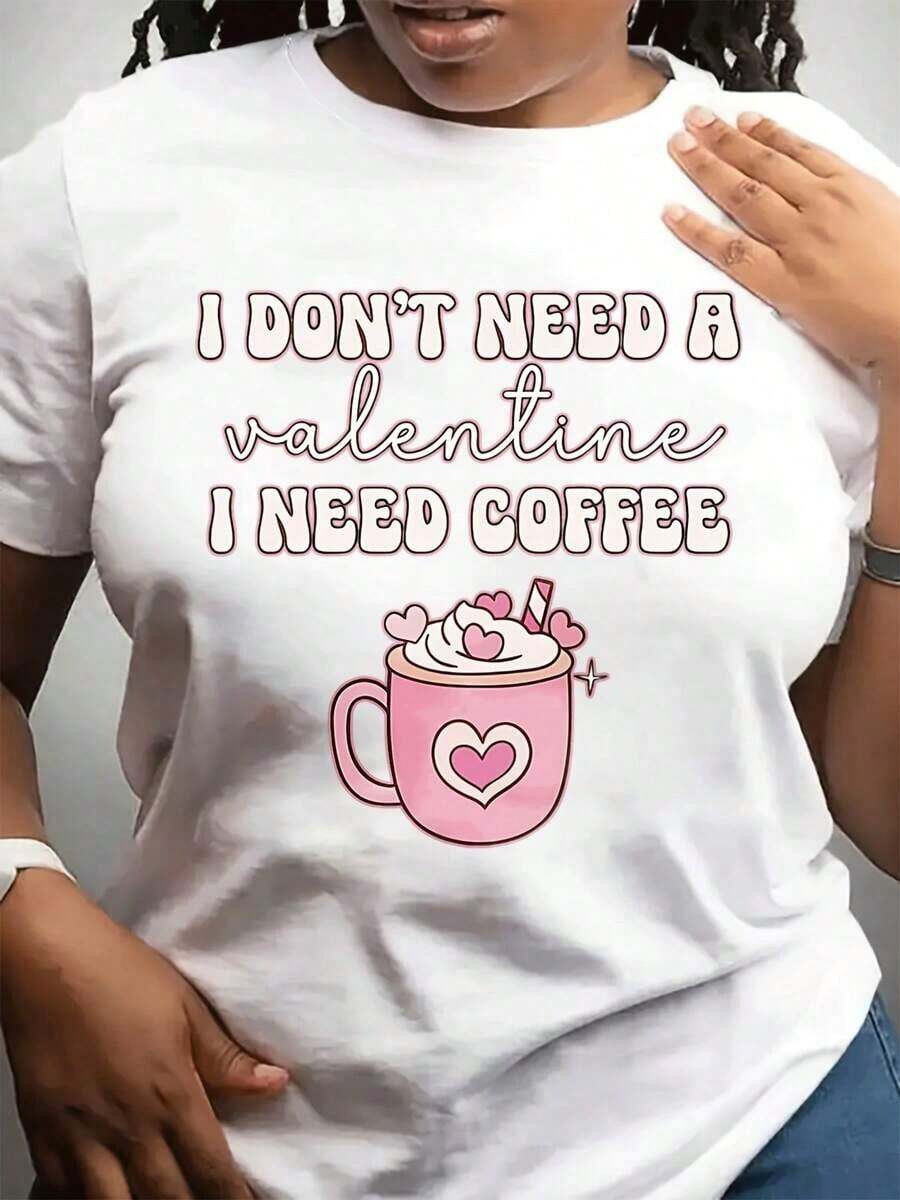 Soft 100% Cotton Women's T-Shirt For Valentine's Day. This Stylish And Casual Crew Neck T-Shirt With Short Sleeves Is Perfect For Everyday Wear, Sports, And Sports. Its Unique Coffee Print Makes It A Great Gift For Friends And Family. This Breathable Cotton T-Shirt Is Versatile And Easy To Pair With Anything. - 白色 - 查看 1