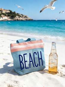 高飽和度撞色網格托特包，印有「Beach」圖案的化妝收納包 - 夏季度假必備，多功能可重複使用購物袋，海灘包，旅行盥洗包，泳衣收納袋，日常用品收納袋。適用於海灘、度假、購物、派對、辦公室、學校，非常適合作為旅行紀念品、教師節禮物、返校禮物、派對贈品、節日禮物 - 彩色 - 查看 7