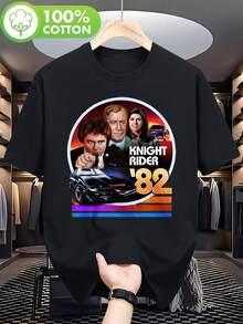Retro Design T-Shirt Featuring KITT From The 80s TV Show "Knight Rider". Designed For Adult, Unisex Men. This White Shirt Features Vibrant Stripes And Is Hand Washable. It's A Nostalgic Gift For Fans. - 黑色 - 查看 7