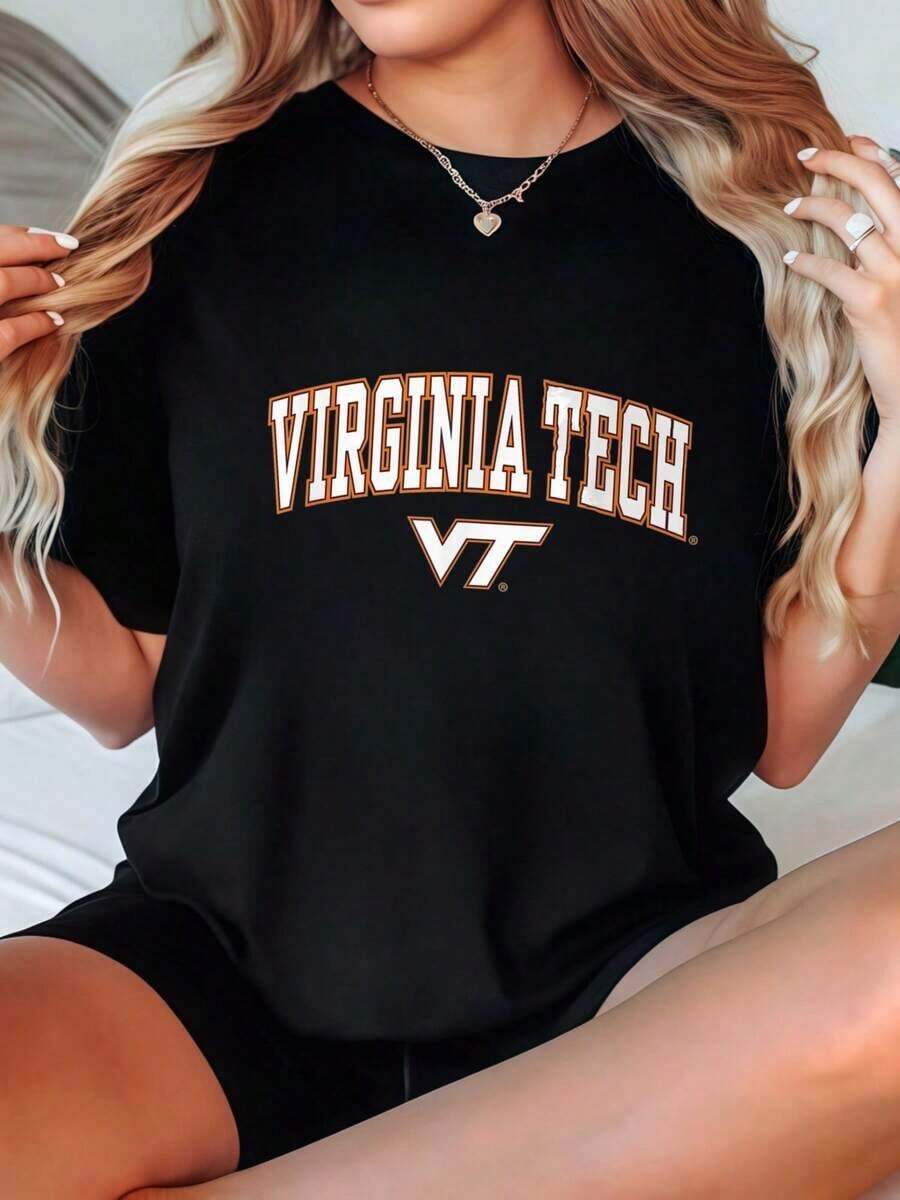 1 Piece Of Women's Virginia Tech Logo Print T-Shirt, Available In Black And White, Casual T-Shirts For Everyday Wear, Summer Tops, Graphic Tees, Women's Summer Sets, Graphic Tees, Women's Crop Tops, Vintage Cotton Tops, Cute And Soft Women's Clothing. - 黑色 - 查看 1