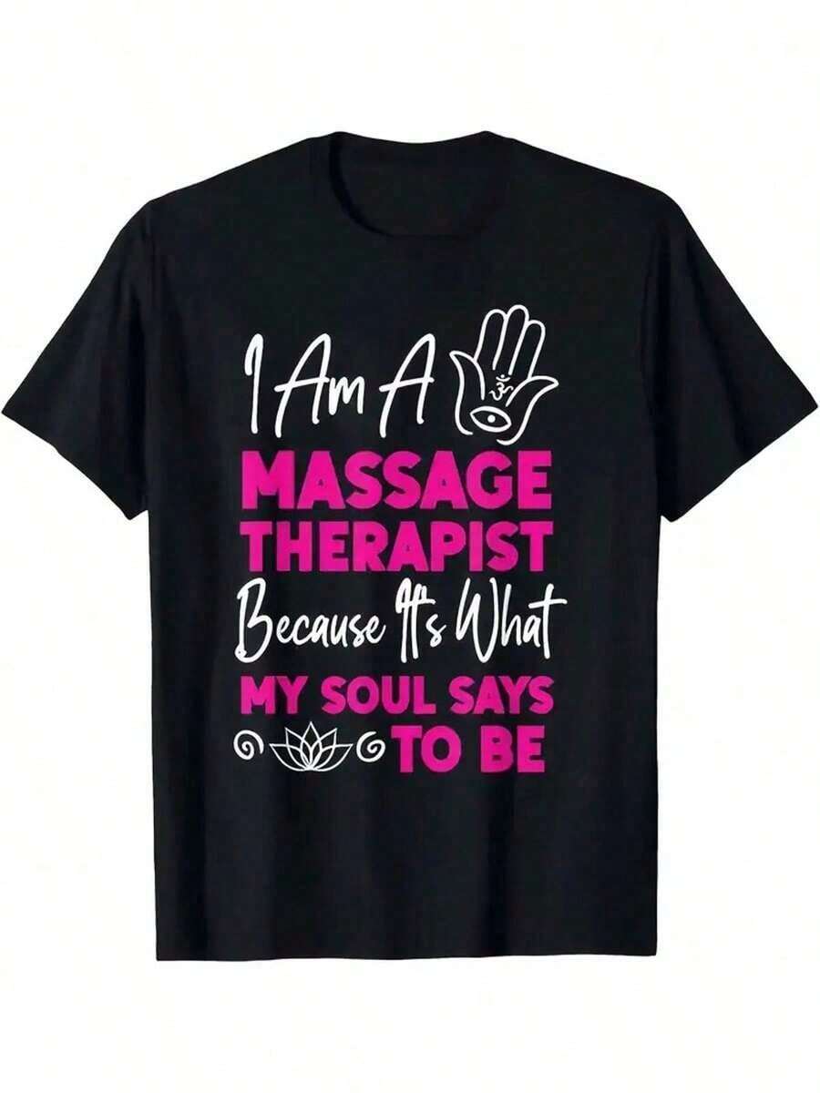 Plus Size - Plus Size Black T-Shirt - I'm A Massage Therapist Because That's What My Heart Says - Graphic Tee - With Hamsa Hand And Flower Design - Massage Therapist Apparel, Casual Work Shirt - Soft And Stretchy Fabric For Spa, Clinic - 黑色 - 查看 1