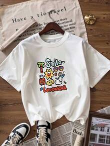 Summer Cartoon T-Shirt With "Smile~" Text, Fashionable Short-Sleeved T-Shirt For Spring And Summer 2026, Made In Mexico, 180 Grams. Cartoon Print, Couple Design, Suitable For Indoor Or Outdoor Wear. Crew Neck, Unisex, Ideal For Office And Leisure. One-Pack. - WH-P631577SLNDXZGY595 - 查看 3