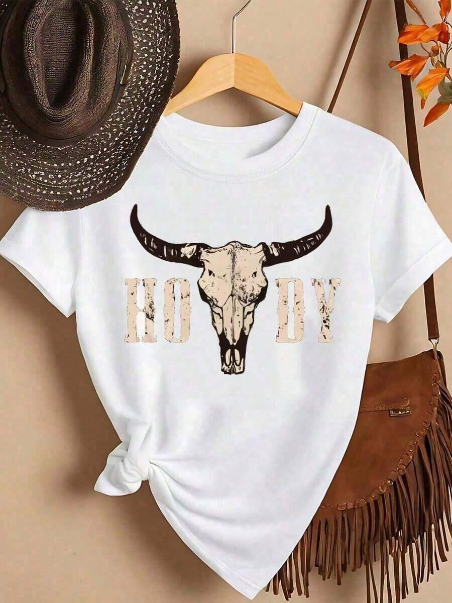 Women's Athletic T-Shirt With Bull Skull Print And "HOWDY" Words - Western Cowboy Style - Casual Short Sleeve Crew Neck T-Shirt With Fringe Print, All-Season Comfort For Western Theme Parties And Casual Wear (Machine Washable), Spring Style, Summer Fashion, Durable Print, Lightweight Fabric, Printed T-Shirt, Ideal For Festival Lovers | Relaxed Fit | Plus Size Graphic Tees For Women, Summer Clothing, Graphic Tees For Men, Breathable And Comfortable - 白色 - 查看 1