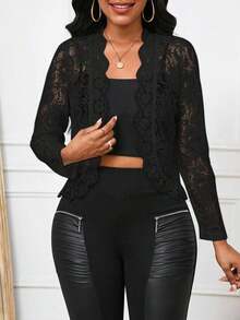 Lady Chaqueta elegante y casual con volantes de encaje para uso diario, para otoño - Negro - Ver 3