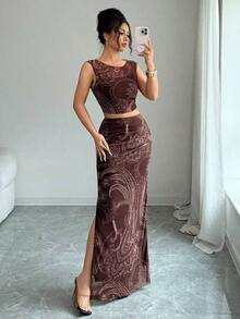Vestido ajustado de mujer con abertura, de malla con efecto tie-dye degradado sin mangas, conjunto de 2 piezas - Café integral 5 - Ver 4