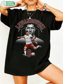 Robert Lewandowski, Polish Football Player, Graphic, 100% Cotton, Oversized T-Shirt, Y2K Streetwear, Unisex T-Shirt For Men And Women, Football Fans, Casual Sportswear Top. - 黑色 - 查看 6