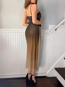 Vestido de tirantes de malla degradado elegante para mujer, de verano - Caqui - Ver 2