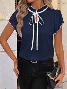 Camisa de mujer de manga corta, con lazo, volantes, a cuadros, elegante y casual para vacaciones y picnic, primavera/verano - Azul marino - Ver 5