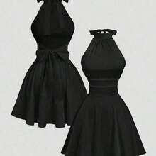 MOD Vestido mini con espalda descubierta, lazo y estampado floral abstracto fluido - Burdeos - Ver 7
