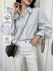 Camisa con volantes y hombros caídos a rayas verticales, blusas de manga larga, ropa de otoño - Blanco 2 - Ver 1