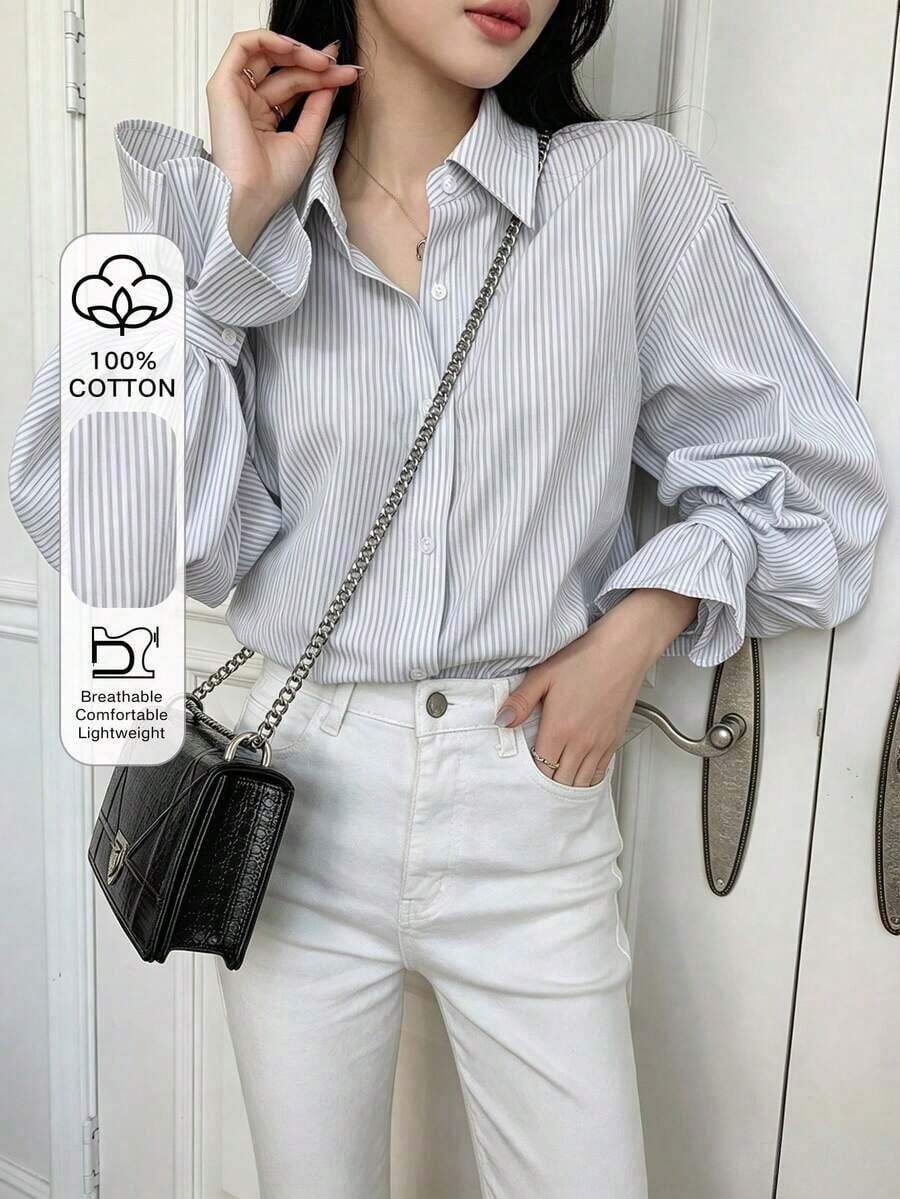 Camisa con volantes y hombros caídos a rayas verticales, blusas de manga larga, ropa de otoño - Blanco 2 - Ver 1