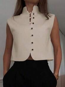 Blusa sin mangas elegante de mujer de doble botonadura, unicolor, blanco casual de verano - Albaricoque - Ver 1