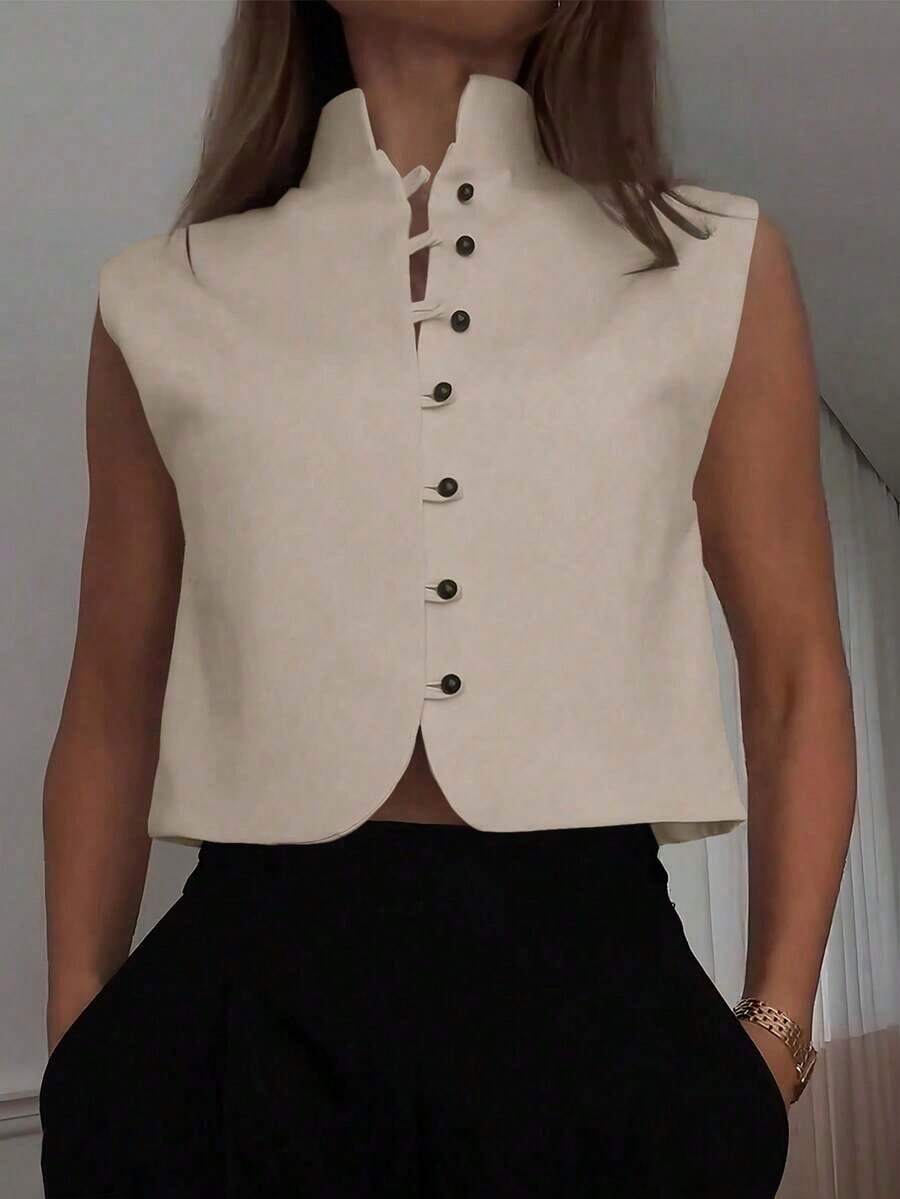 Blusa sin mangas elegante de mujer de doble botonadura, unicolor, blanco casual de verano - Albaricoque - Ver 1