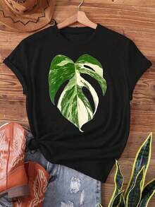 Limited Time Offer, Limited Quantity Available, Lightning, Women's Shirts, Women's T-Shirts Rare White Monster Plant Print T-Shirt, Gift For Indoor Plant Lovers, Casual Short Sleeve Round Neck Top, Ideal For Summer And Spring, Women's Clothing. - 黑色 - 查看 2