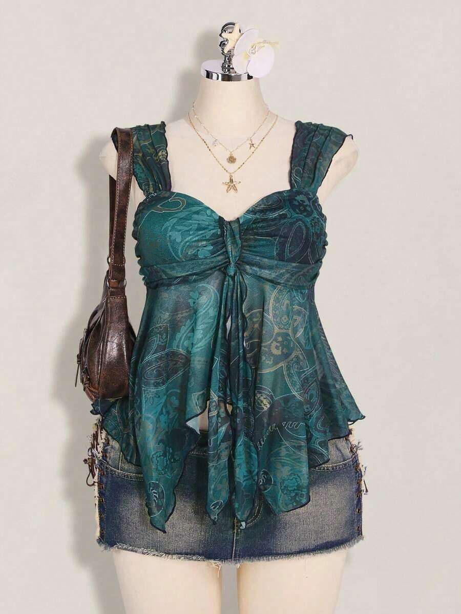 ICON Camiseta asimétrica transparente con estampado de cachemira para mujer de talla grande, top de rave, top transparente, para vacaciones de verano, temporada de graduación, temporada de regreso a clases, ropa de verano, Y2K. - Azul - Ver 1