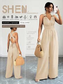 Women's Vacation Halter Neck Backless Jumpsuit,Muti Colors Available, Criss Cross Open Back Self Tie Detail, High Waist Flowy Wide Leg Pants, Airy Lightweight Casual Romper, For Beach, Holiday, Wedding Guest & Daily Going Out | Suitable Juniors To Adults/Monos De Mujer/Jumpsuit De Mujer/Enterizos De Mujer Elegantes/Enterizo Para Mujer Casual/Jumpsuits For Woman Elegant/Rompers/Jumpsuit For Women/Rompers And Jumpsuits - 白色日常版 - 查看 1