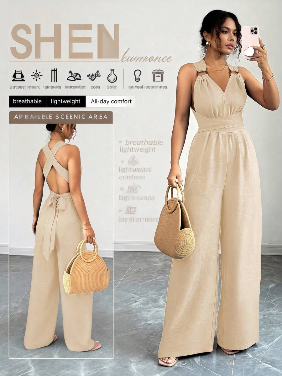 Women's Vacation Halter Neck Backless Jumpsuit,Muti Colors Available, Criss Cross Open Back Self Tie Detail, High Waist Flowy Wide Leg Pants, Airy Lightweight Casual Romper, For Beach, Holiday, Wedding Guest & Daily Going Out | Suitable Juniors To Adults/Monos De Mujer/Jumpsuit De Mujer/Enterizos De Mujer Elegantes/Enterizo Para Mujer Casual/Jumpsuits For Woman Elegant/Rompers/Jumpsuit For Women/Rompers And Jumpsuits - 白色日常版 - 查看 1