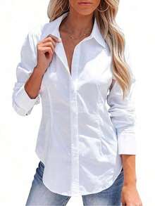 Camisa de mujer de manga corta con botones, diseño de cuello, detalle de volante en la cintura, blusa casual de ajuste ceñido para ir al trabajo, adecuada para uso diario en primavera, verano, otoño e invierno Blanco - Blanco - Ver 7