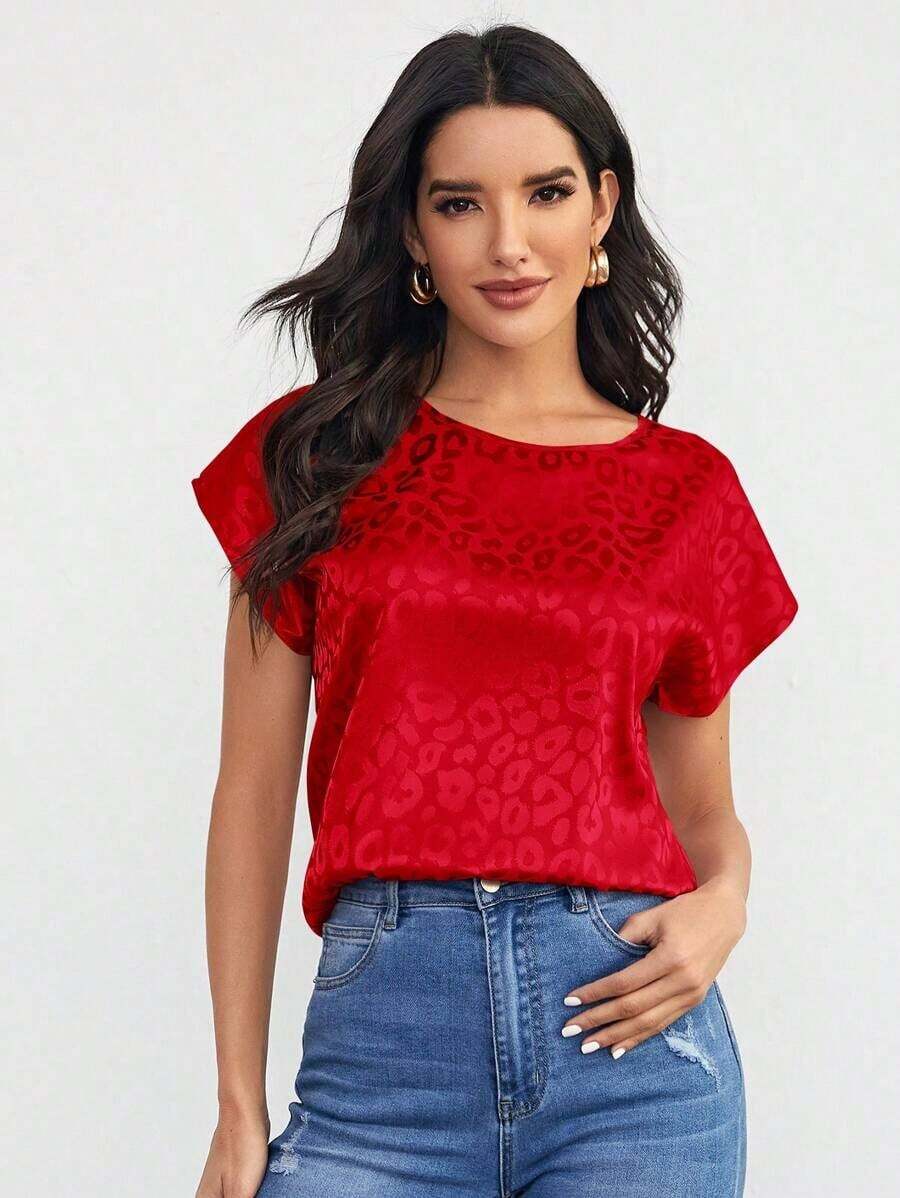 Clasi Top de manga murciélago de leopardo jacquard de satén - Rojo - Ver 1