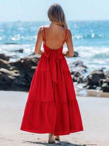 Vestido casual sin mangas con lazo para primavera y verano, atuendos de verano para mujer, vestidos de verano para mujer, atuendos de vacaciones, vestido de playa de verano para mujer, vestido de vacaciones estilo boho y fairycore, vestido sin esp - Rojo - Ver 5