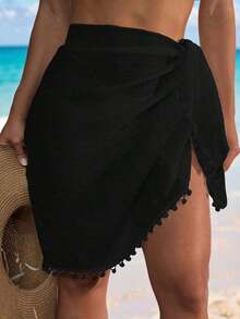 Pañuelo de playa para mujer con flecos y pompones, estilo bohemio, para cubrir y sarong - Negro 2 - Ver 5