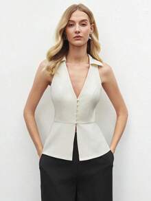 Blusa sin mangas de cuello blanco para mujer, de estilo urbano moderno y elegante, versátil para uso diario, con un toque retro de los 90.Adecuada para Navidad, Año Nuevo, San Valentín, fiestas, playa, graduación, moda, festivales, vacaciones, in - Albaricoque - Ver 1