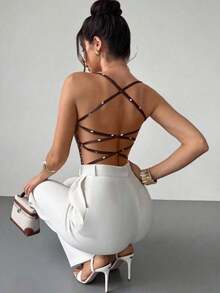 in mangas de estilo bohemio elegante y romántico para vacaciones en la playa de Hawái, con espalda abierta con efecto cruzado - Marrón 2 - Ver 5