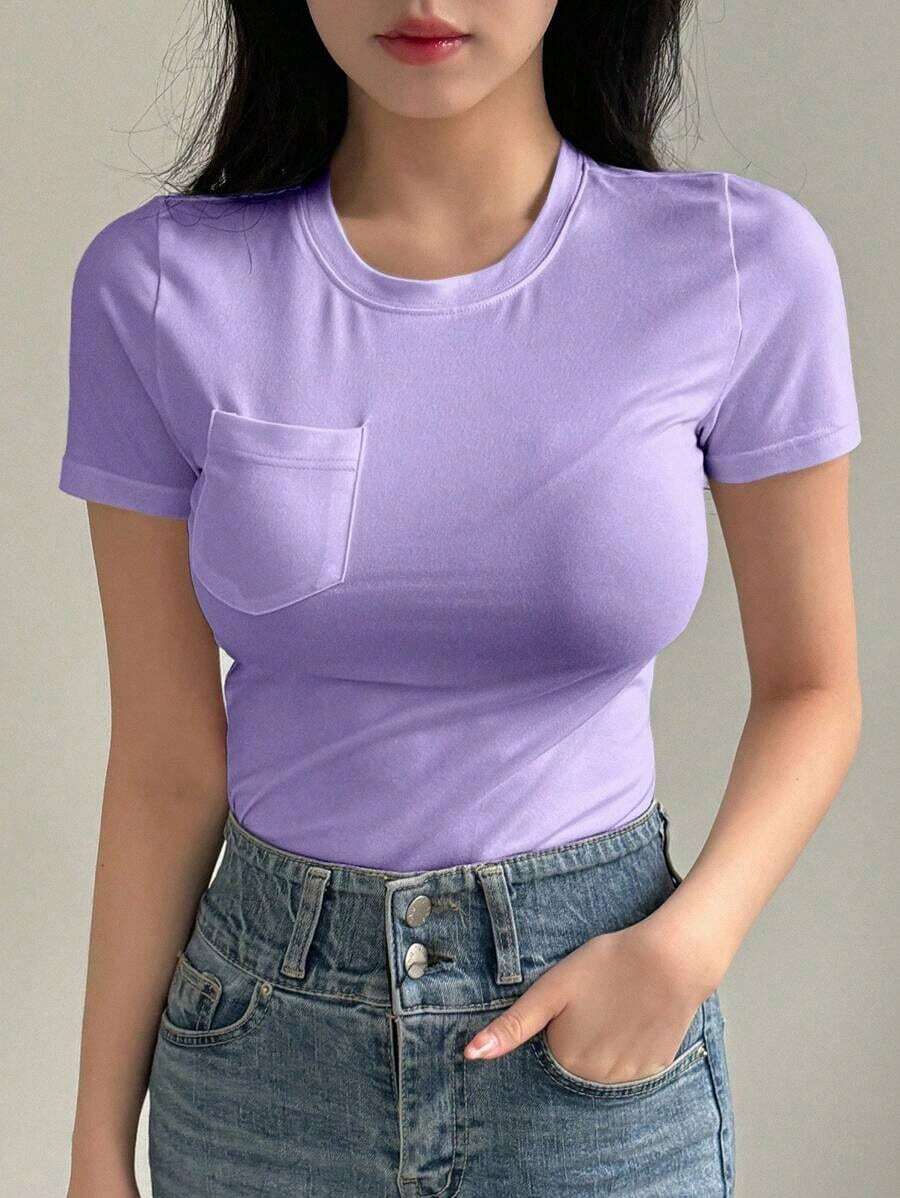 Camiseta casual de mujer con cuello redondo, de manga corta, bolsillo y silueta ceñida a rayas - Morado - Ver 1
