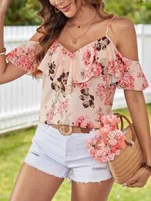 Blusa casual de verano con estampado floral y volantes en el bajo - Azul y blanco - Ver 3