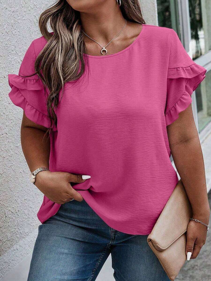 Blusa casual con cuello redondo, mangas con volantes y estampado floral para mujer de talla grande - Rosa vieja - Ver 1